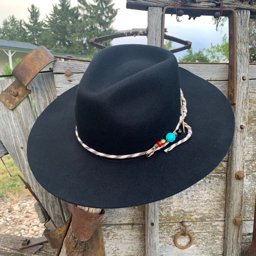 American Hat Makers Black Wide Brim Fedora Hat with Beaded Band 🎩 🪶